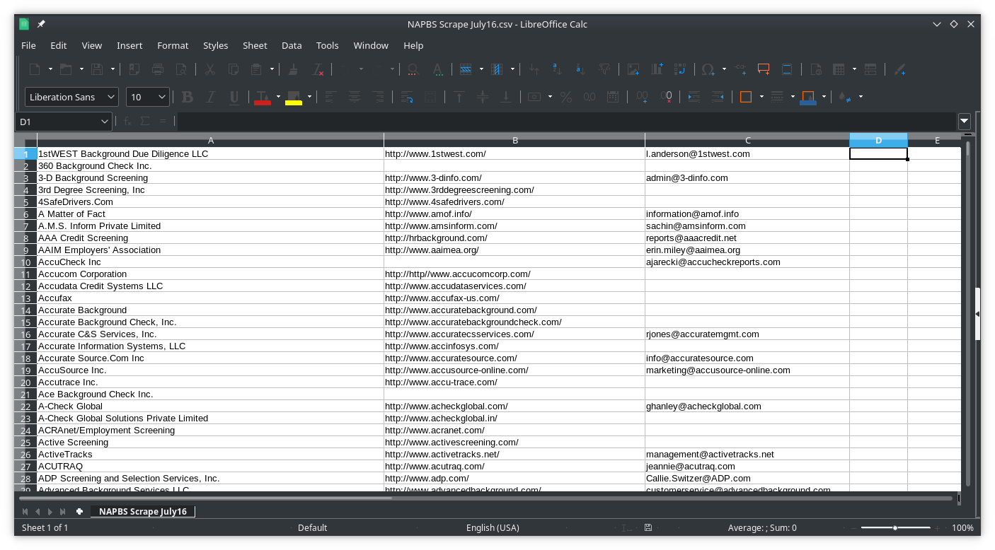 The 1002 records in a spreadsheet