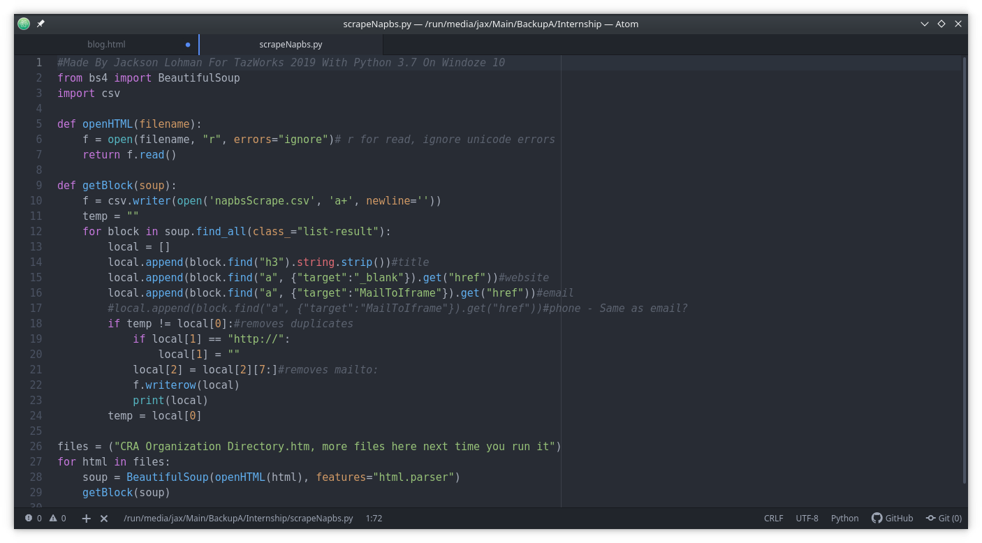 Python script to convert html files to a spreadsheet(csv) of companies